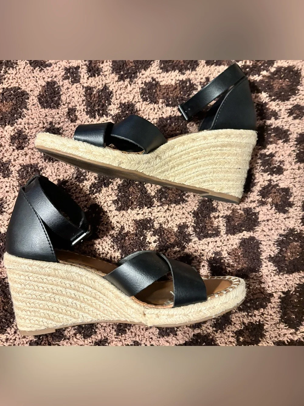 White Mountain Black Faux Leather Crisscross Espadrille Wedges